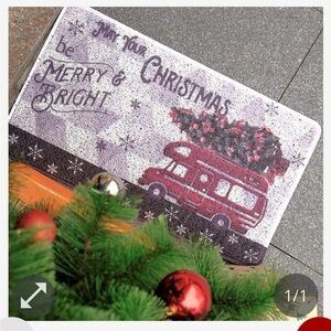 Christmas Themed Doormat with Red Bus Design